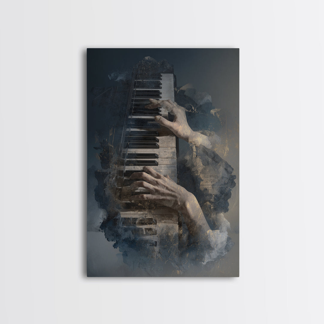 Piano Keys and Hands Framed Canvas Print, Black and White Art, Minimalist Decor, Living Room Decor, Fine Art, Monochrome, BAW-2x3-30