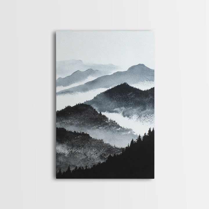 Black Ink Mountain Range Framed Canvas Print, Black and White Art, Halloween Decor, Living Room Decor, Fine Art, Monochrome, BAW-2x3-34