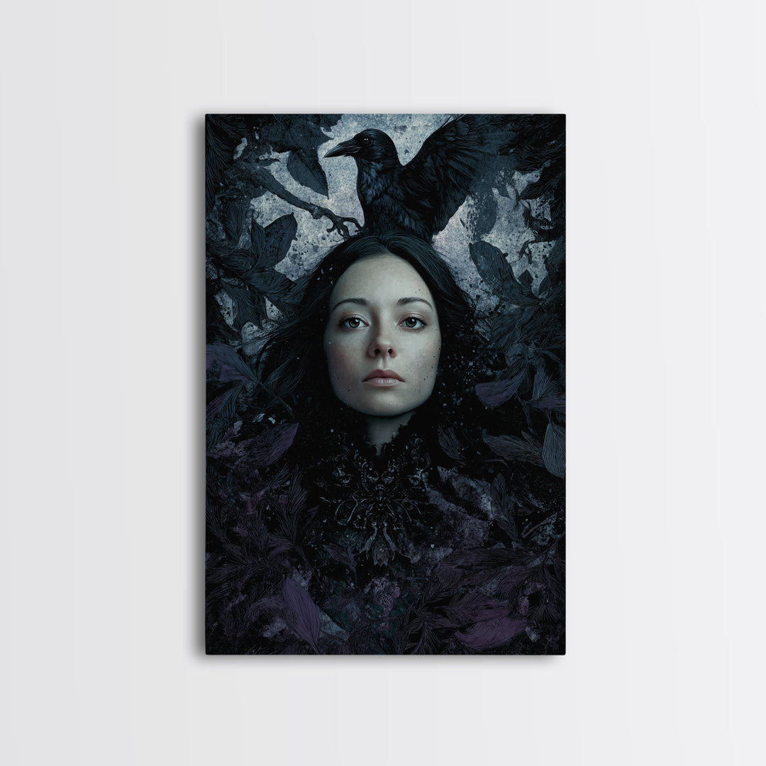 Ink Splatter Raven Composition Framed Canvas Print, Black and White Art, Contemporary Art, Living Room Decor, Monochrome, BAW-2x3-4