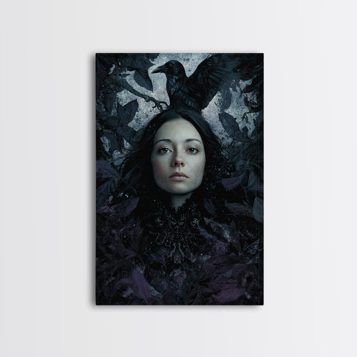 Ink Splatter Raven Composition Framed Canvas Print, Black and White Art, Contemporary Art, Living Room Decor, Monochrome, BAW-2x3-4
