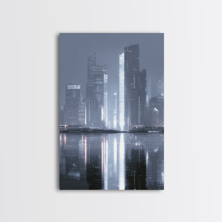 Monochrome City Skyline Reflected Canvas Print, Black and White Art, Printable Wall Art, Living Room Decor, Monochrome, BAW-2x3-43
