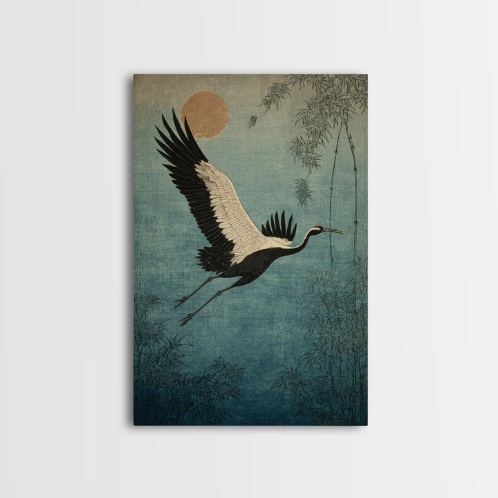 Black Ink Crane Flying Across Empty Sky Canvas Print, Black and White Art, Gothic Decor, Living Room Decor, Monochrome, BAW-2x3-45