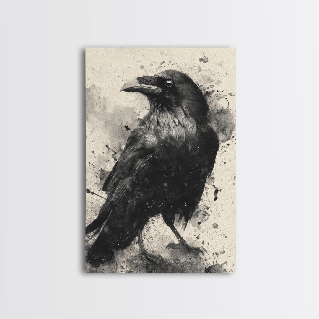 Ink Splatter Raven Composition Framed Canvas Print, Black and White Art, Art, Living Room Decor, Fine Art, Monochrome, BAW-2x3-52