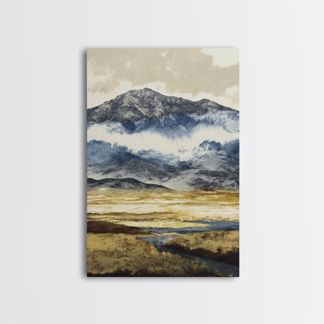 Black Ink Mountain Range Canvas Print, Black and White Art, Printable Wall Art, Living Room Decor, Watercolor Art, Monochrome, BAW-2x3-58