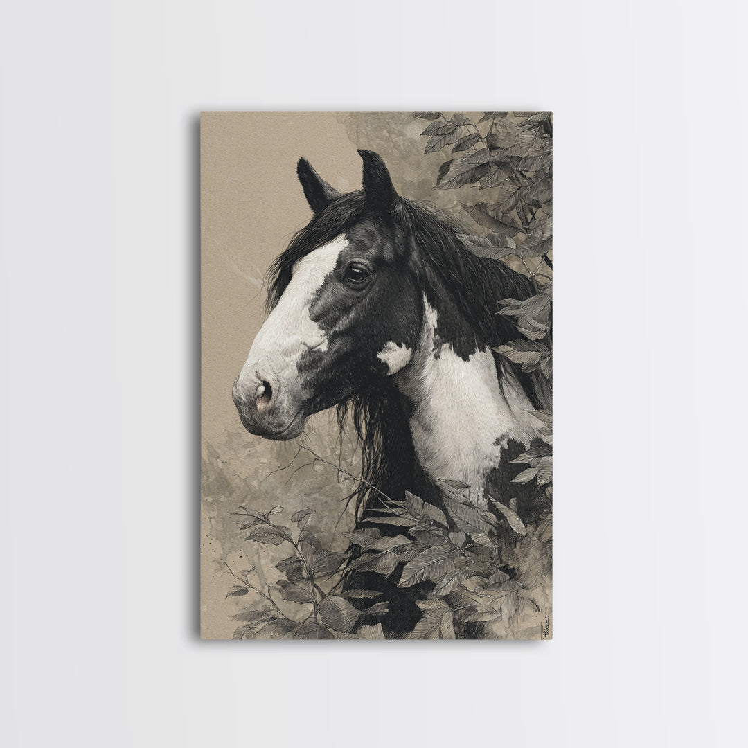 Black and White Wild Horse Portrait Canvas Print, Black and White Art, Wood Wall Art, Living Room Decor, Fine Art, Monochrome, BAW-2x3-61