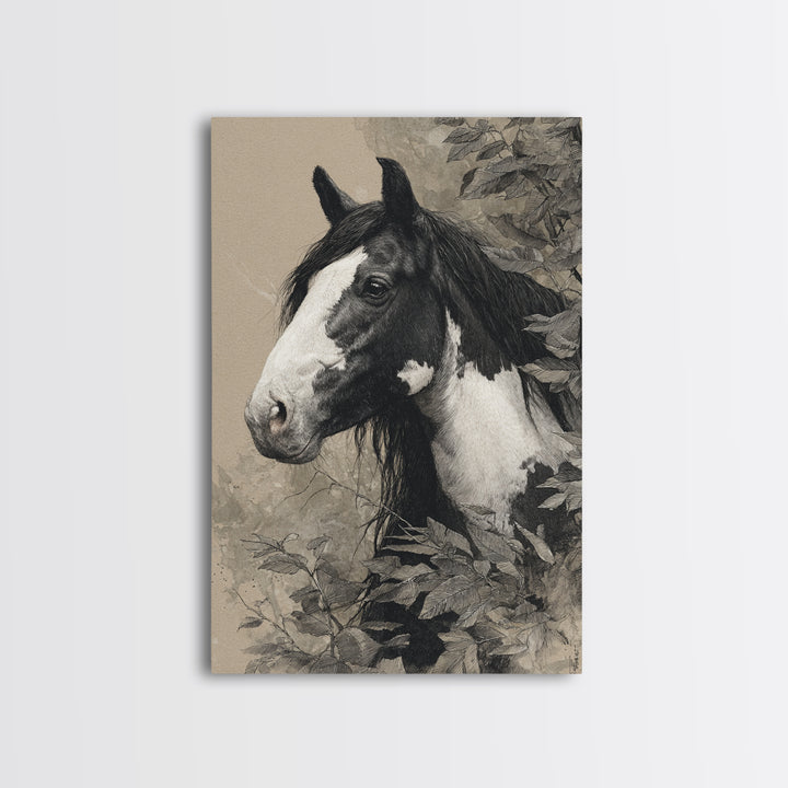 Black and White Wild Horse Portrait Canvas Print, Black and White Art, Wood Wall Art, Living Room Decor, Fine Art, Monochrome, BAW-2x3-61