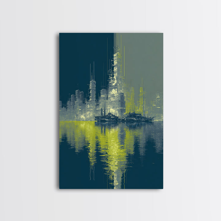 Monochrome City Skyline Reflected Canvas Print, Black and White Art, Wood Wall Art, Living Room Decor, Fine Art, Monochrome, BAW-2x3-67