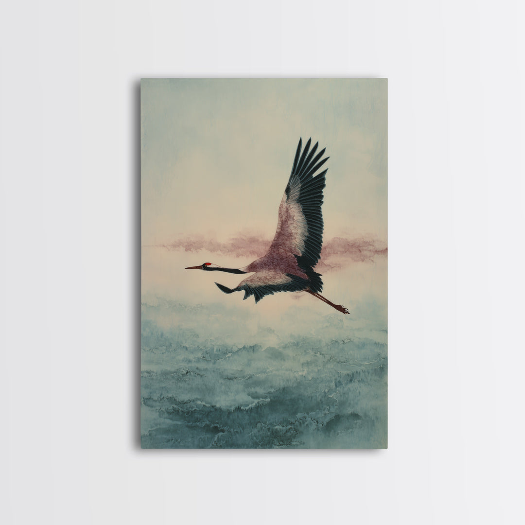 Black Ink Crane Flying Across Empty Sky Framed Canvas Print, Black and White Art, Printable Art, Living Room Decor, Monochrome, BAW-2x3-69