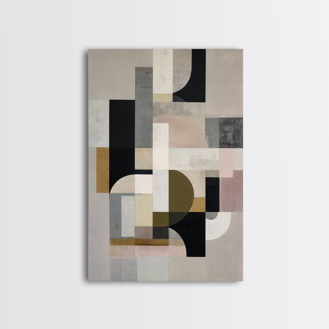 Geometric Bauhaus Grayscale Shapes Framed Canvas Print, Black and White Art, Digital Art, Living Room Decor, Abstract Art, BAW-2x3-74