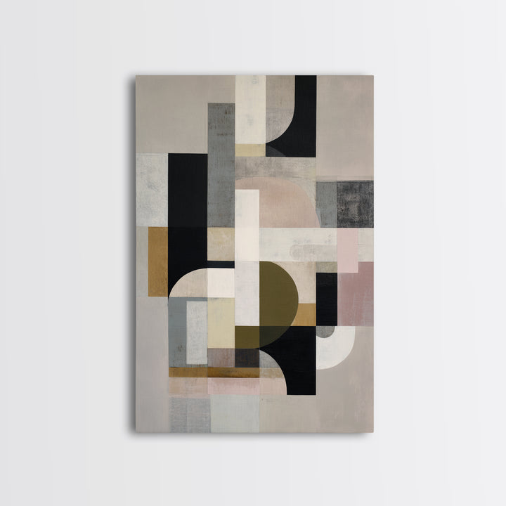 Geometric Bauhaus Grayscale Shapes Framed Canvas Print, Black and White Art, Digital Art, Living Room Decor, Abstract Art, BAW-2x3-74