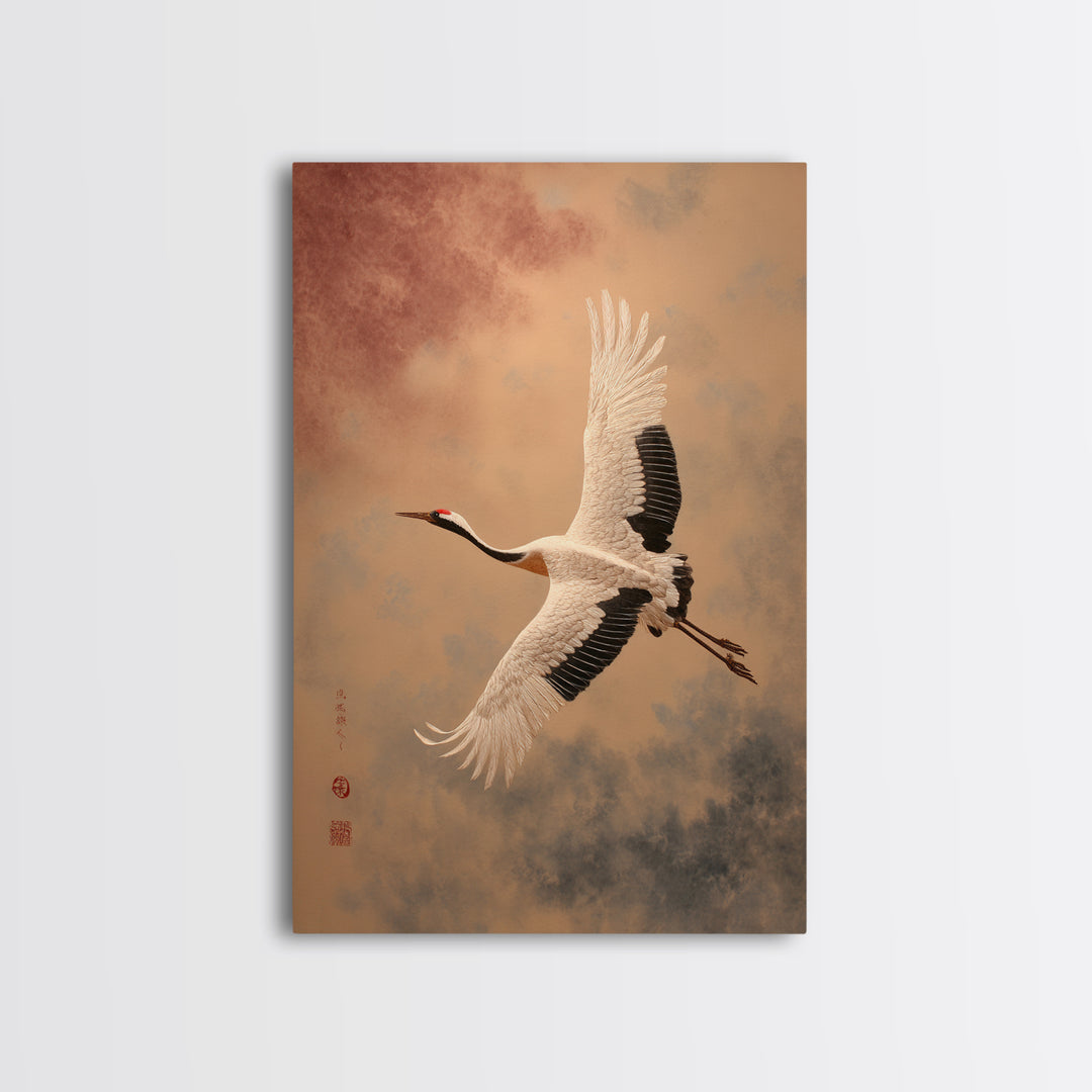 Black Ink Crane Flying Across Empty Sky Framed Canvas Print, Black and White Art, Printable Art, Living Room Decor, Monochrome, BAW-2x3-93