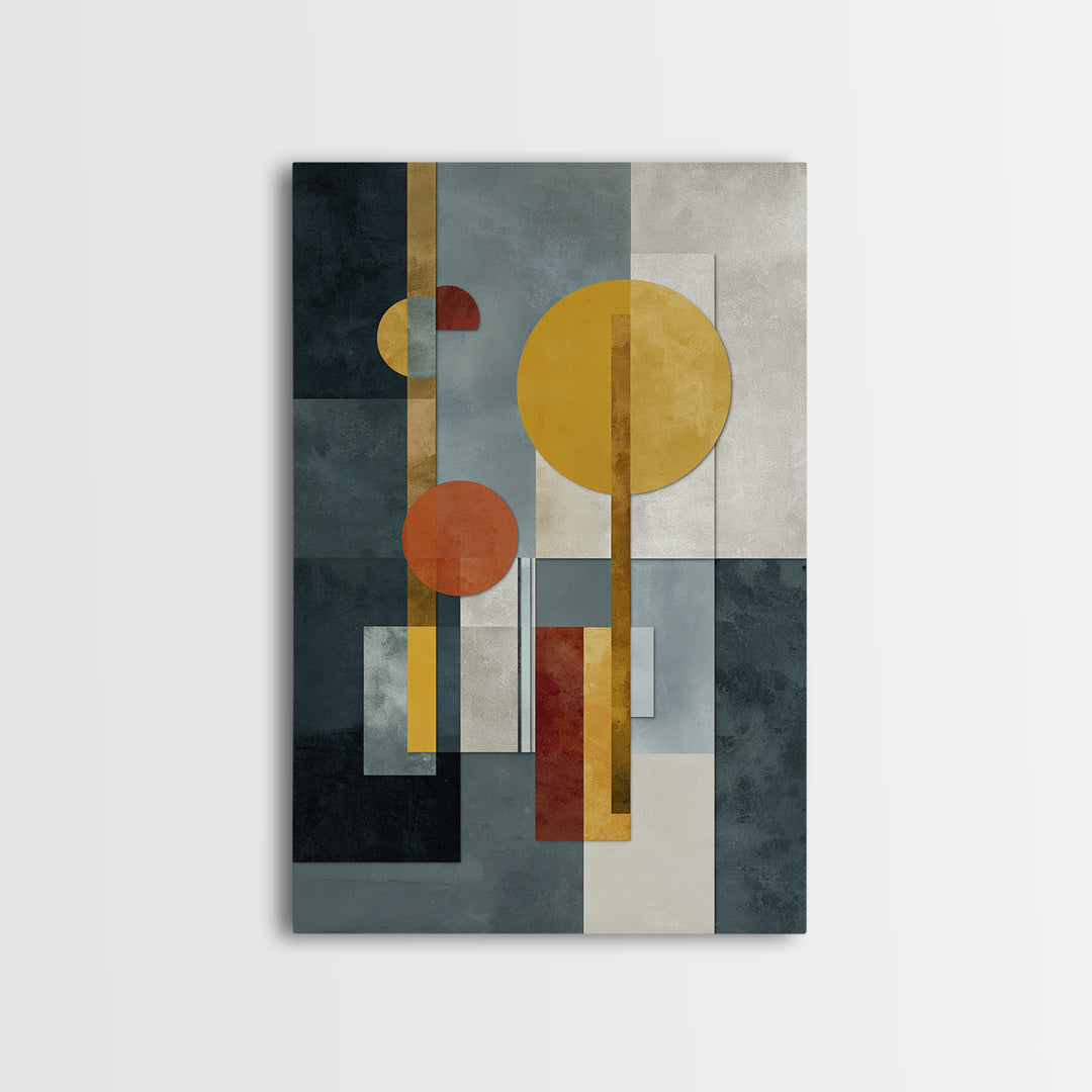 Geometric Bauhaus Grayscale Shapes Framed Canvas Print, Black and White Art, Digital Art, Living Room Decor, Abstract Art, BAW-2x3-98