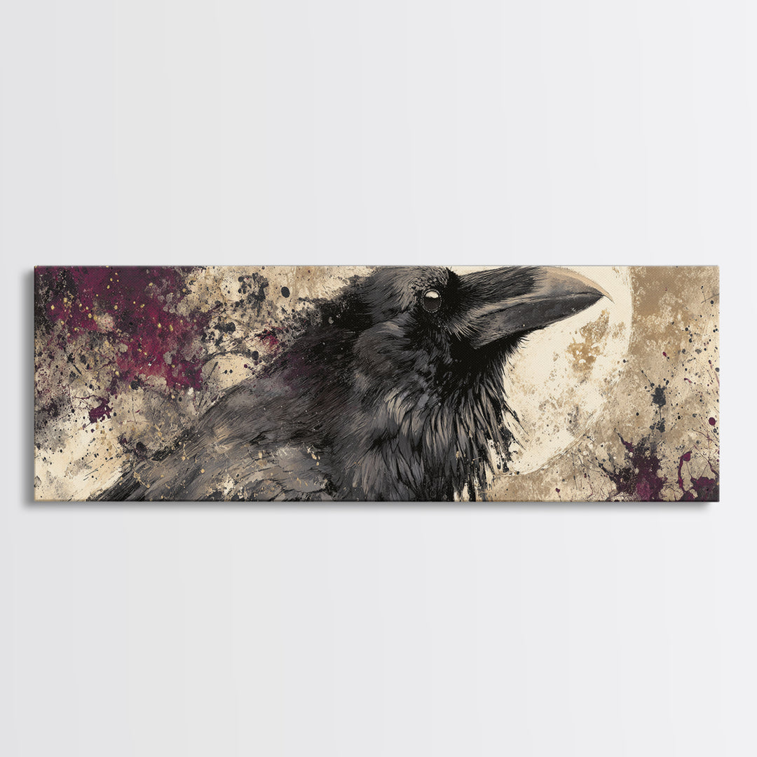 Ink Splatter Raven Composition Framed Canvas Print, Black and White Art, Photography Prints, Living Room Decor, Monochrome, BAW-3x1-12