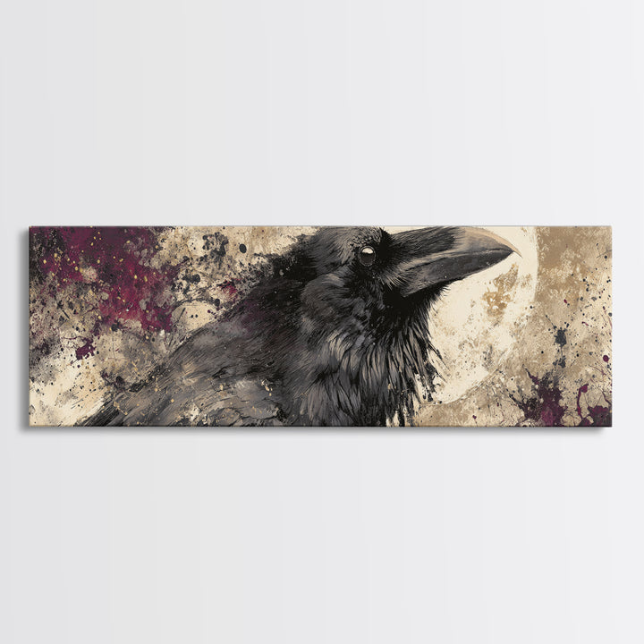 Ink Splatter Raven Composition Framed Canvas Print, Black and White Art, Photography Prints, Living Room Decor, Monochrome, BAW-3x1-12
