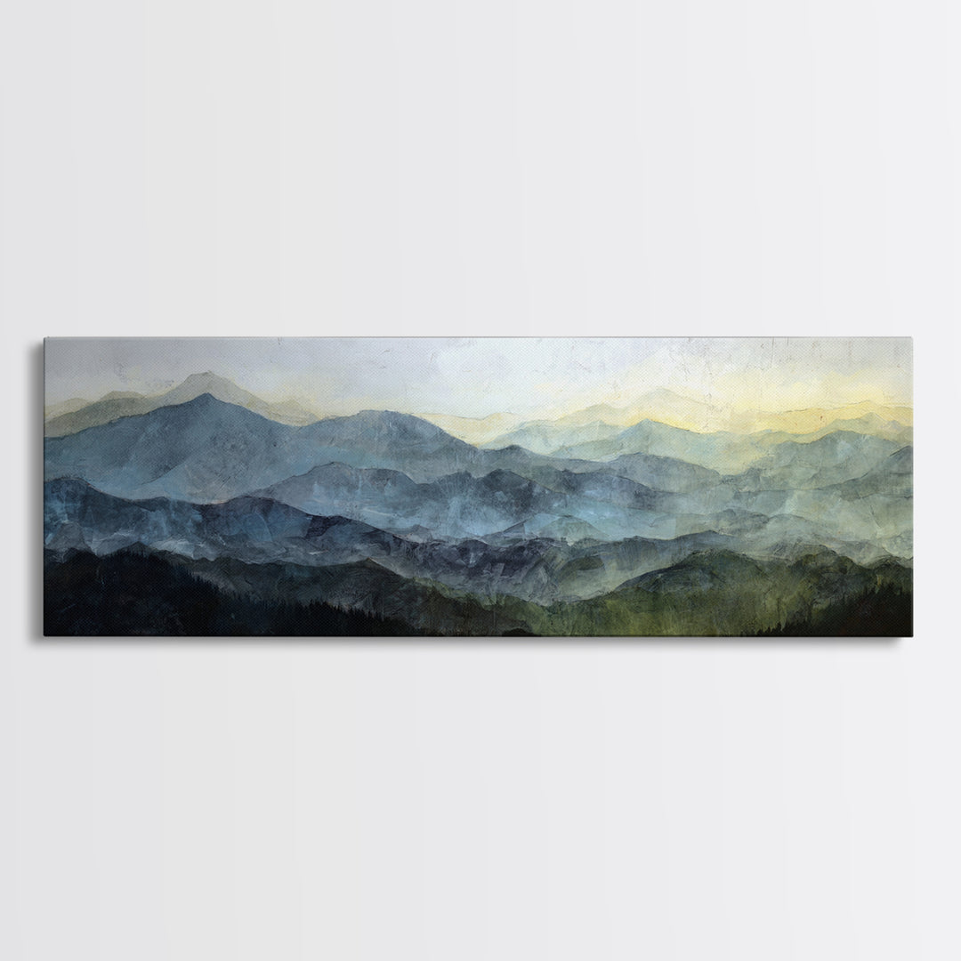 Black Ink Mountain Range Framed Canvas Print, Black and White Art, Large Wall Art, Living Room Decor, Fine Art, Monochrome, BAW-3x1-18