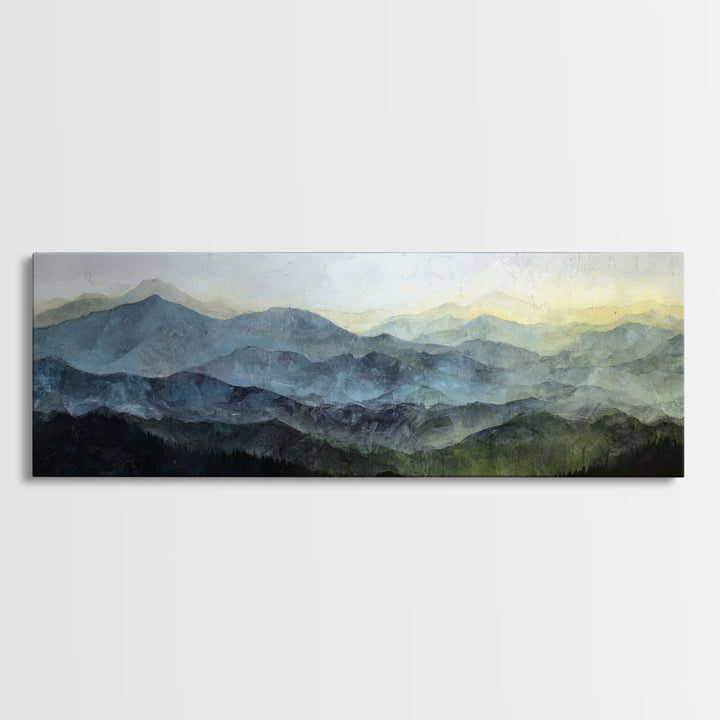 Black Ink Mountain Range Framed Canvas Print, Black and White Art, Large Wall Art, Living Room Decor, Fine Art, Monochrome, BAW-3x1-18