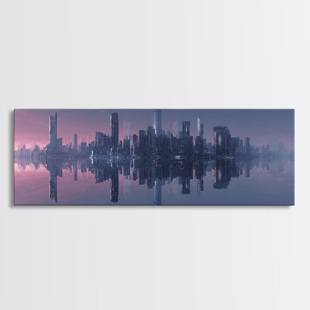 Monochrome City Skyline Reflected Canvas Print, Black and White Art, Textured Painting, Living Room Decor, Monochrome, BAW-3x1-27