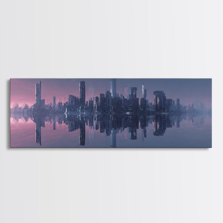 Monochrome City Skyline Reflected Canvas Print, Black and White Art, Textured Painting, Living Room Decor, Monochrome, BAW-3x1-27