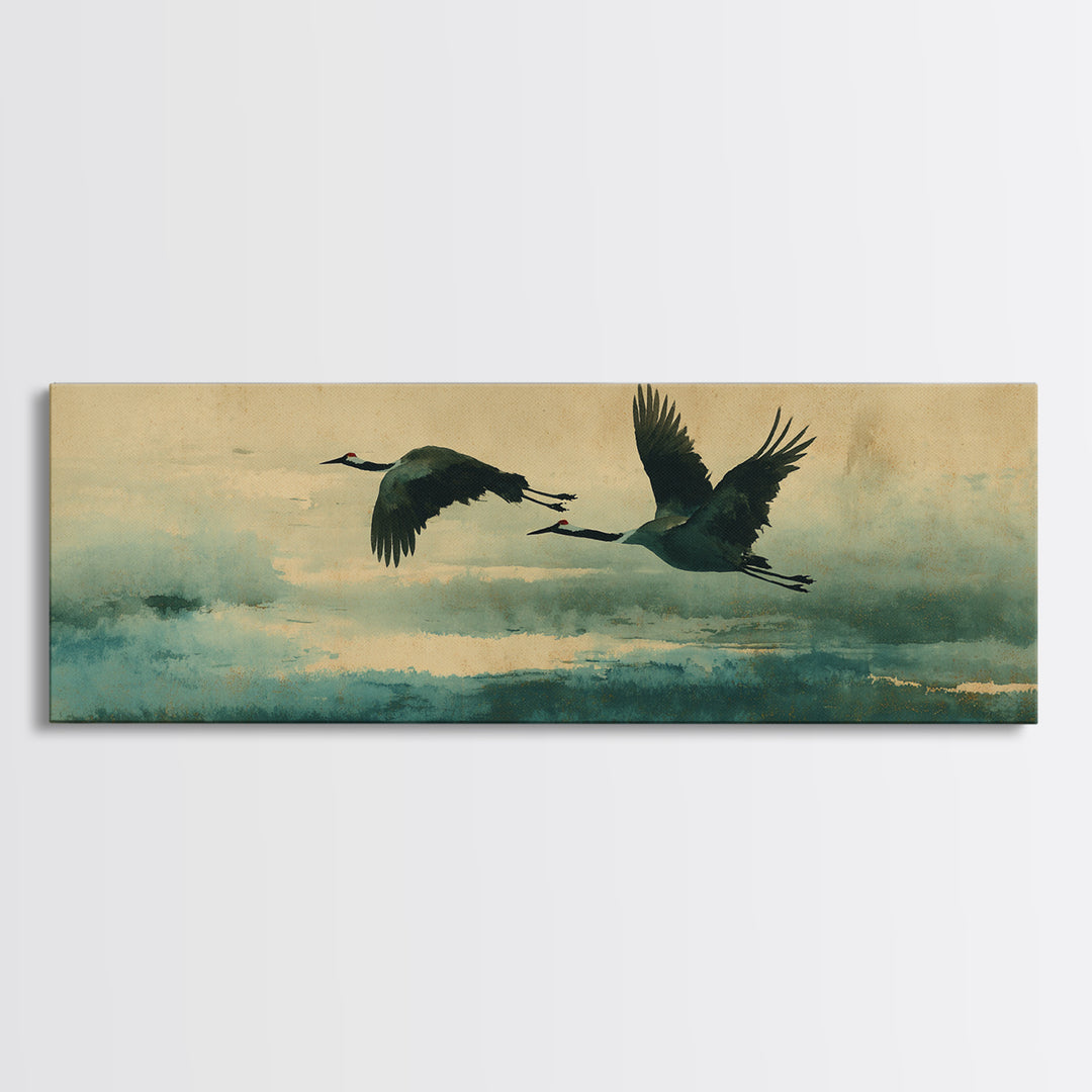 Black Ink Crane Flying Across Empty Sky Canvas Print, Black and White Art, Modern Wall Art, Living Room Decor, Oil Painting, BAW-3x1-29