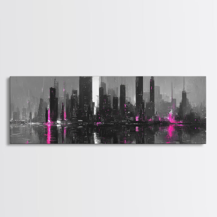 Monochrome City Skyline Reflected Canvas Print, Black and White Art, Fine Art Print, Living Room Decor, Abstract Art, BAW-3x1-3