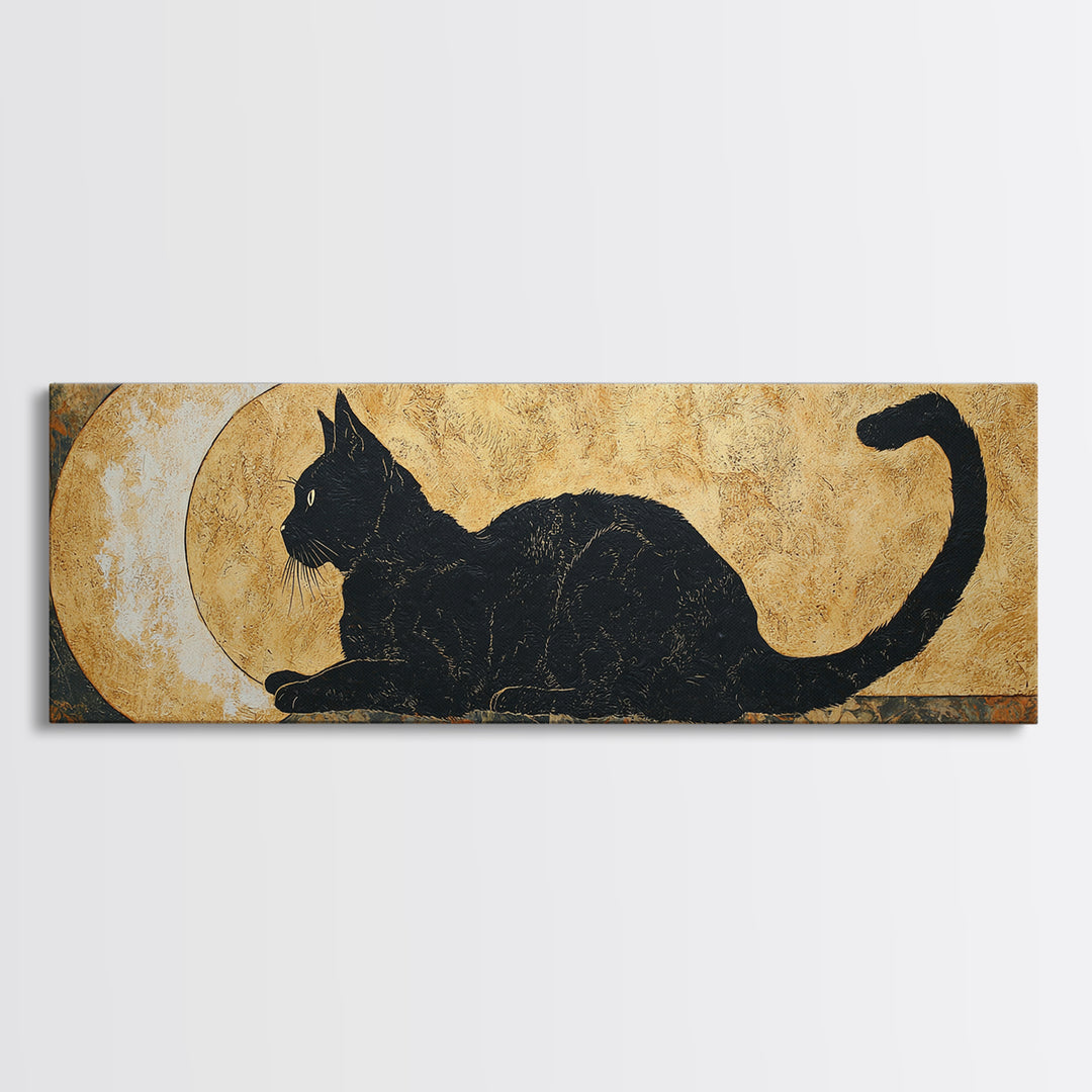 Black Cat Silhouette Framed Canvas Print, Black and White Art, Photo Prints, Living Room Decor, Watercolor Art, Monochrome, BAW-3x1-32