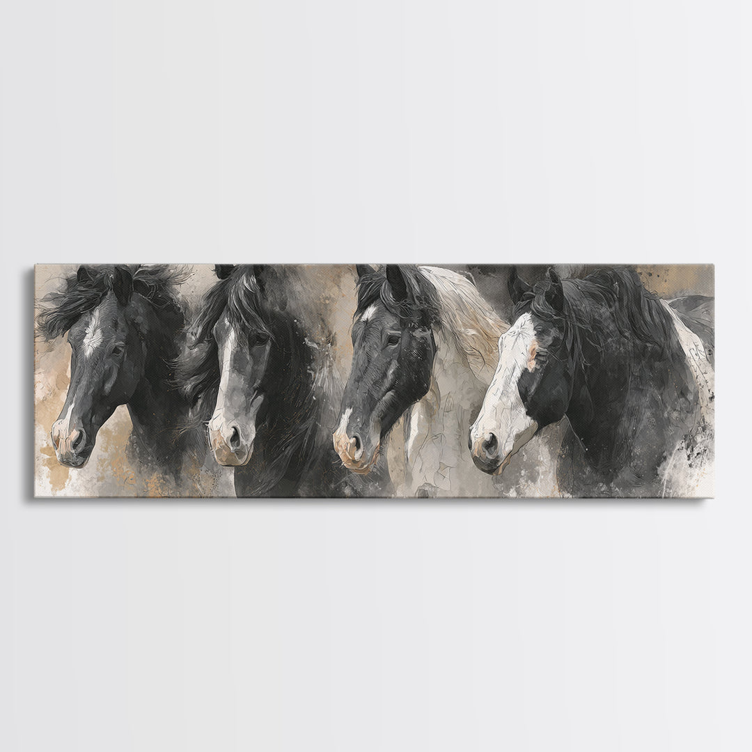 Black and White Wild Horse Portrait Canvas Print, Black and White Art, Photography Prints, Living Room Decor, Monochrome, BAW-3x1-45