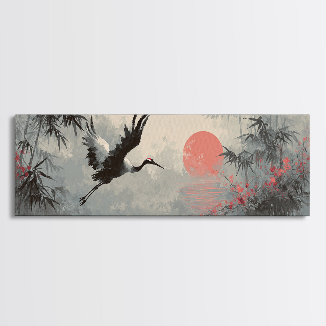 Black Ink Crane Flying Across Empty Sky Canvas Print, Black and White Art, Abstract Art, Living Room Decor, Monochrome, BAW-3x1-5