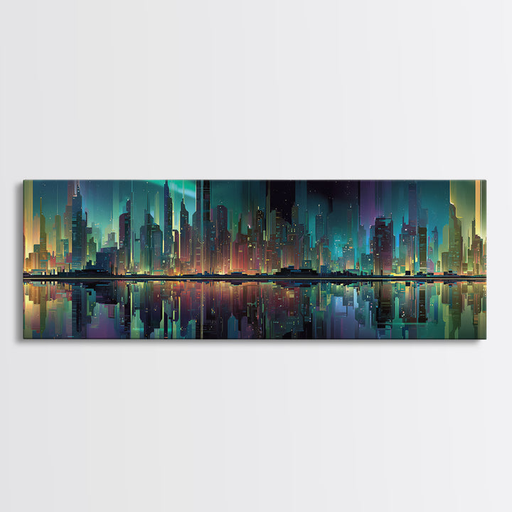 Monochrome City Skyline Reflected Framed Canvas Print, Black and White Art, Art Print, Living Room Decor, Fine Art, Monochrome, BAW-3x1-51