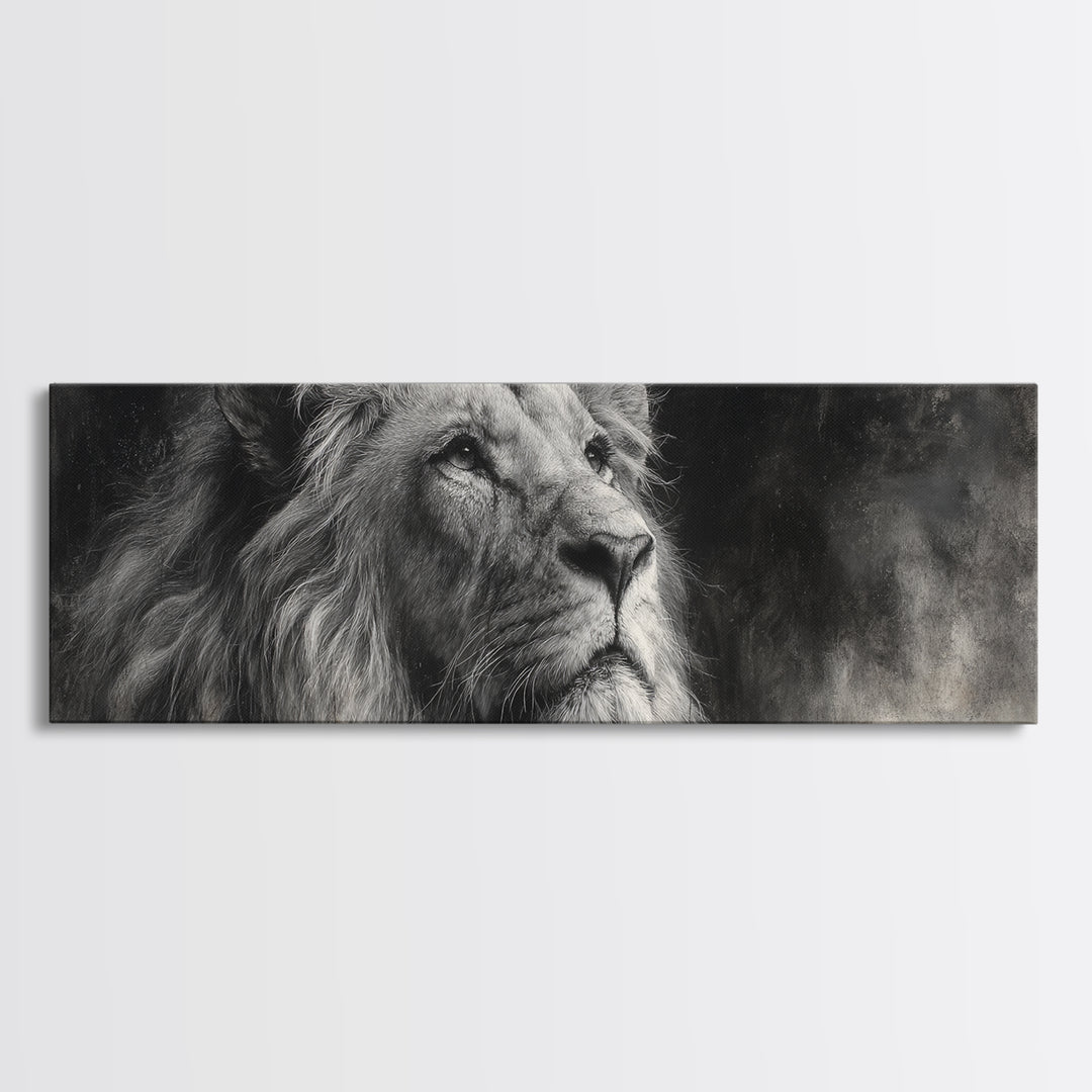 Dramatic Black and White Lion Portrait Framed Canvas Print, Black and White Art, Cabin Decor, Living Room Decor, Monochrome, BAW-3x1-57