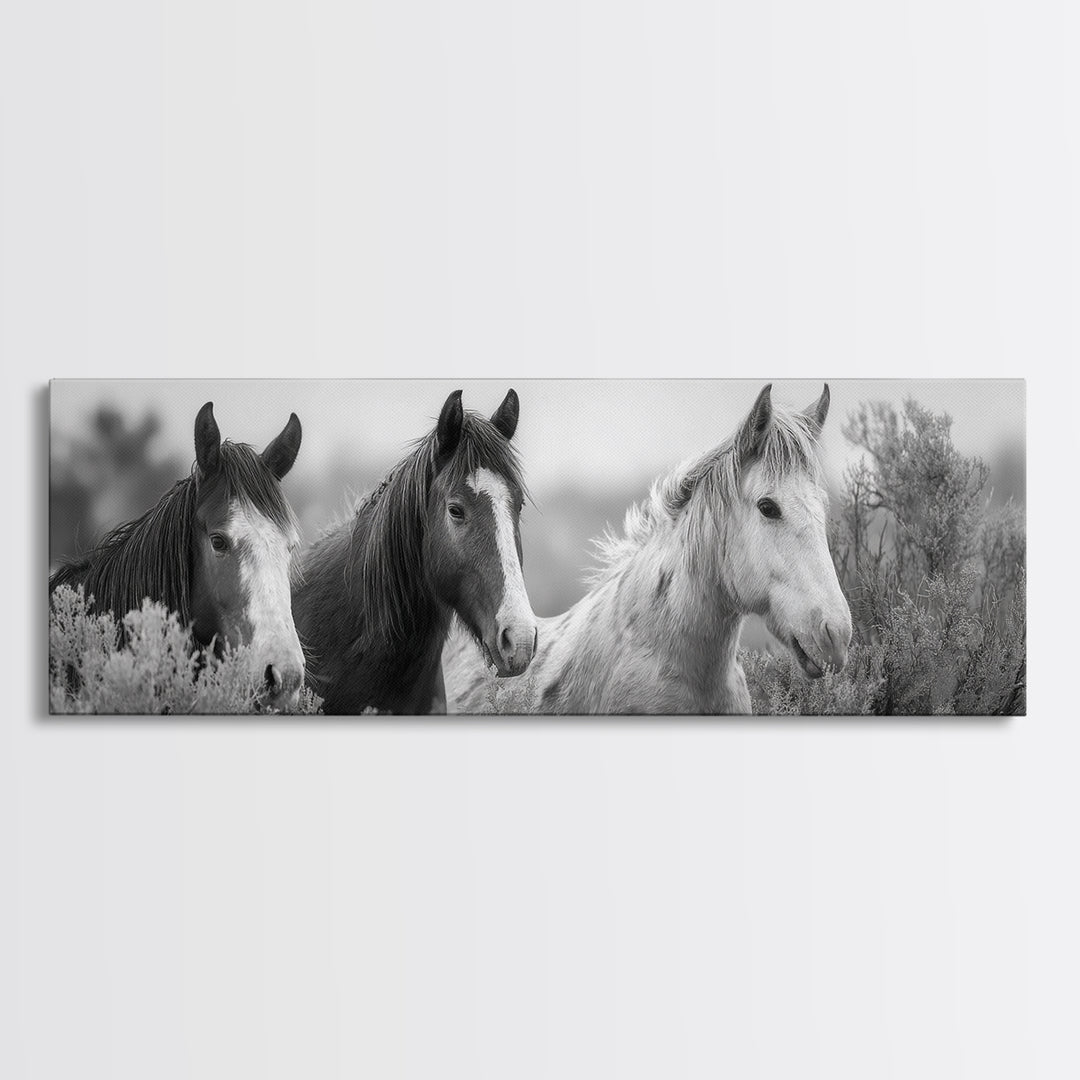 Black and White Wild Horse Portrait Framed Canvas Print, Black and White Art, Gallery Decor, Living Room Decor, Monochrome, BAW-3x1-69