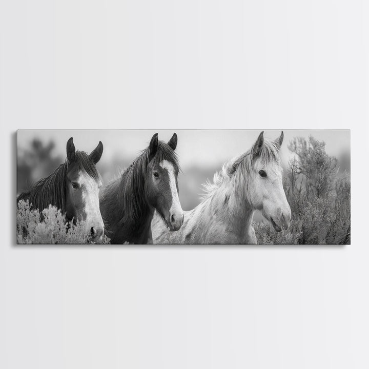 Black and White Wild Horse Portrait Framed Canvas Print, Black and White Art, Gallery Decor, Living Room Decor, Monochrome, BAW-3x1-69