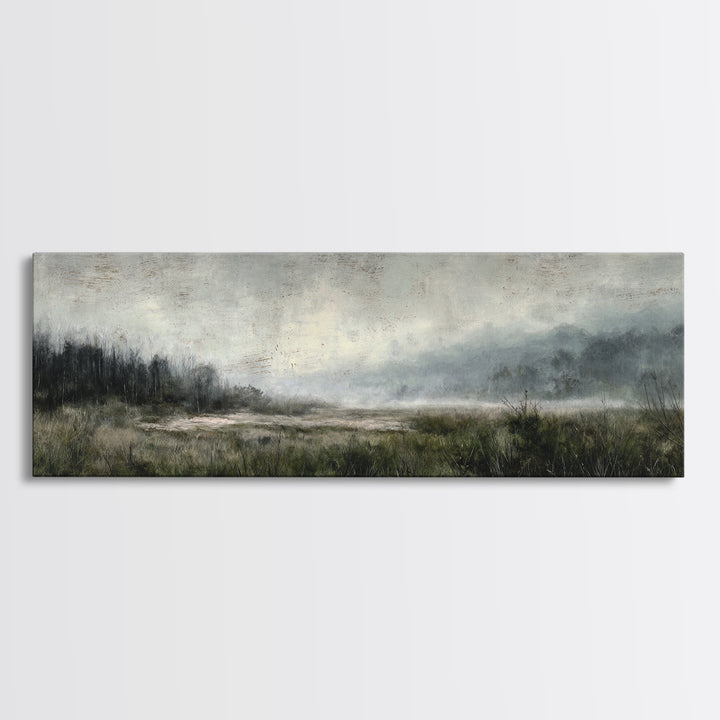 Moody Foggy Forest Canvas Print, Black and White Art, Gothic Decor, Living Room Decor, Oil Painting, Monochrome, BAW-3x1-71