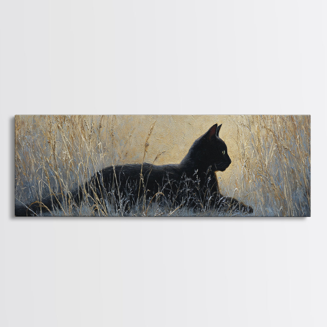 Black Cat Silhouette Canvas Print, Black and White Art, Digital Prints, Living Room Decor, Fine Art, Monochrome, Wood Wall Art, BAW-3x1-80