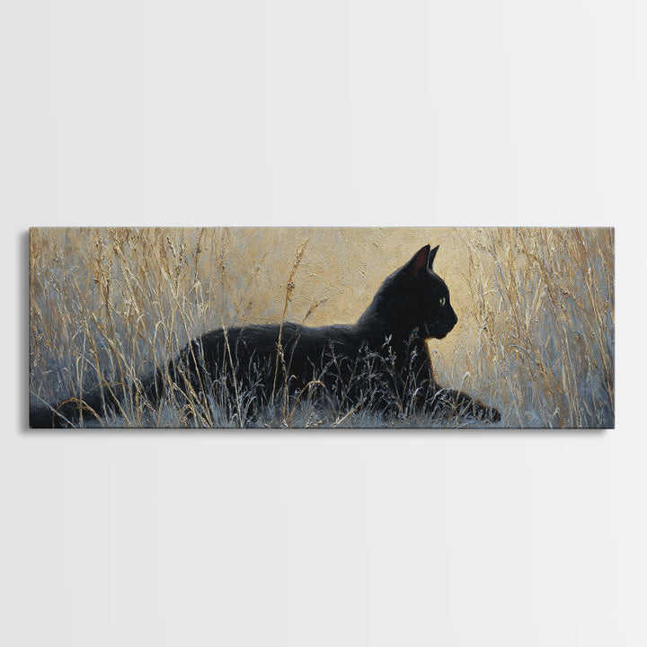 Black Cat Silhouette Canvas Print, Black and White Art, Digital Prints, Living Room Decor, Fine Art, Monochrome, Wood Wall Art, BAW-3x1-80