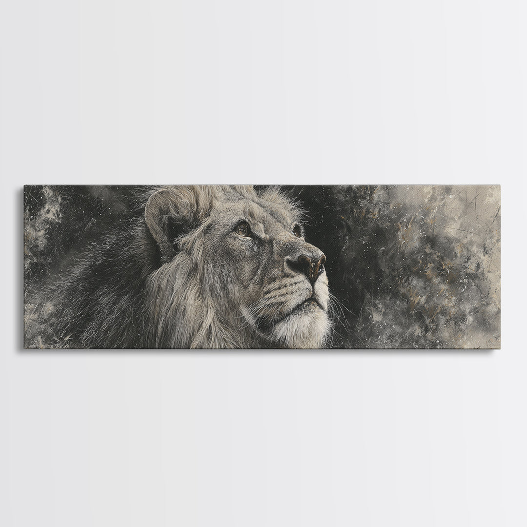 Dramatic Black and White Lion Portrait Framed Canvas Print, Black and White Art, Cabin Decor, Living Room Decor, Monochrome, BAW-3x1-81