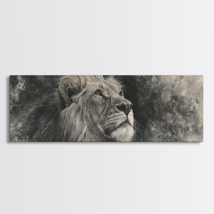 Dramatic Black and White Lion Portrait Framed Canvas Print, Black and White Art, Cabin Decor, Living Room Decor, Monochrome, BAW-3x1-81