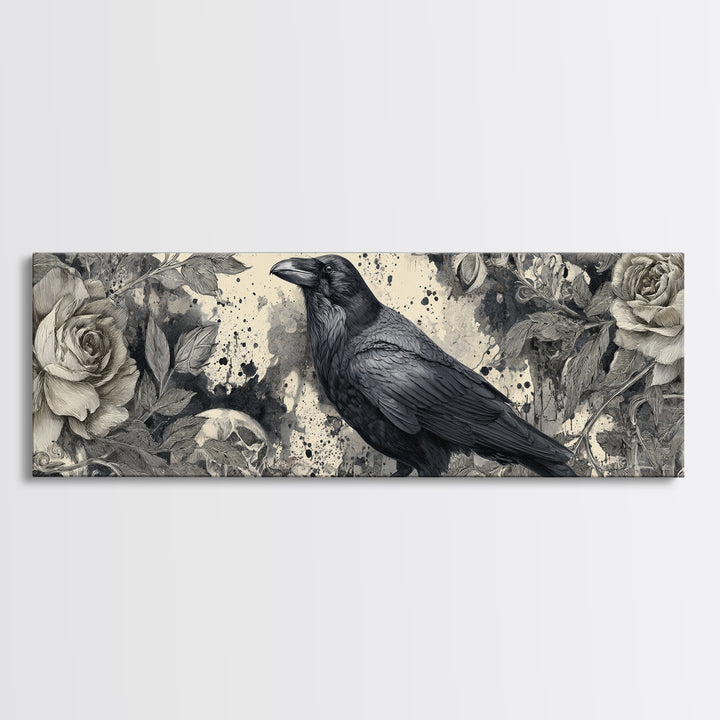 Ink Splatter Raven Composition Framed Canvas Print, Black and White Art, Halloween Decor, Living Room Decor, Monochrome, BAW-3x1-84