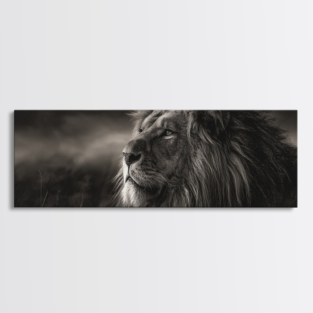 Dramatic Black and White Lion Portrait Framed Canvas Print, Black and White Art, Wood Wall Art, Living Room Decor, Monochrome, BAW-3x1-9