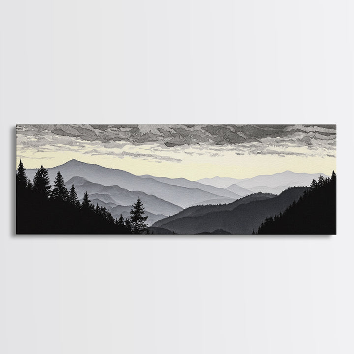 Black Ink Mountain Range Framed Canvas Print, Black and White Art, Photography Prints, Living Room Decor, Watercolor Art, BAW-3x1-90