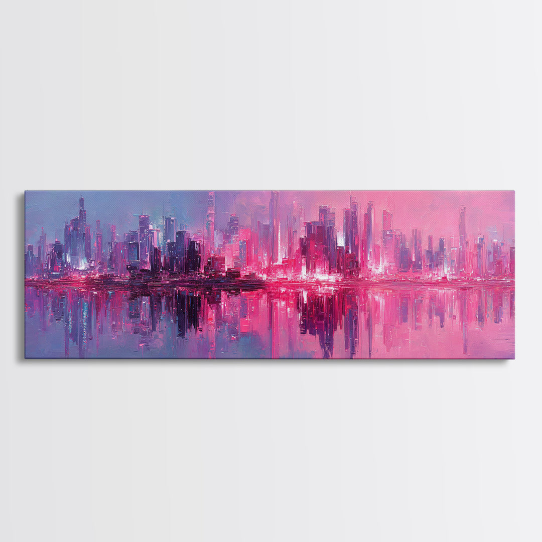 Monochrome City Skyline Reflected Framed Canvas Print, Black and White Art, Art Print, Living Room Decor, Fine Art, Monochrome, BAW-3x1-99