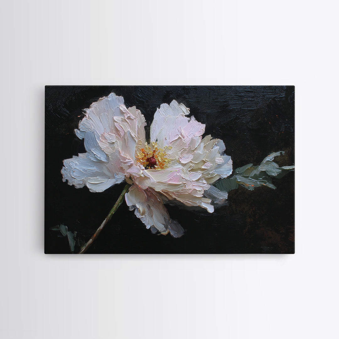 White Flower on Deep Black Background Canvas Print, Black and White Art, Living Room Wall Art, Living Room Decor, Monochrome, BAW-3x2-16