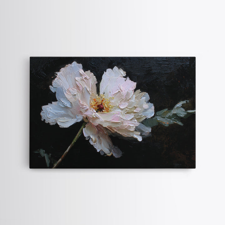 White Flower on Deep Black Background Canvas Print, Black and White Art, Living Room Wall Art, Living Room Decor, Monochrome, BAW-3x2-16