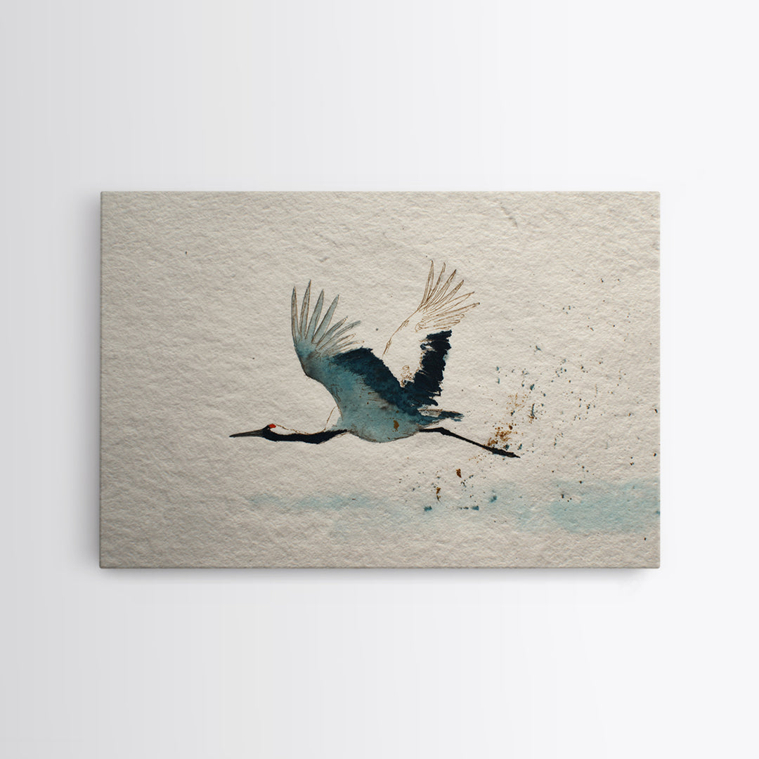 Black Ink Crane Flying Across Empty Sky Canvas Print, Black and White Art, Retro Wall Art, Living Room Decor, Monochrome, BAW-3x2-17