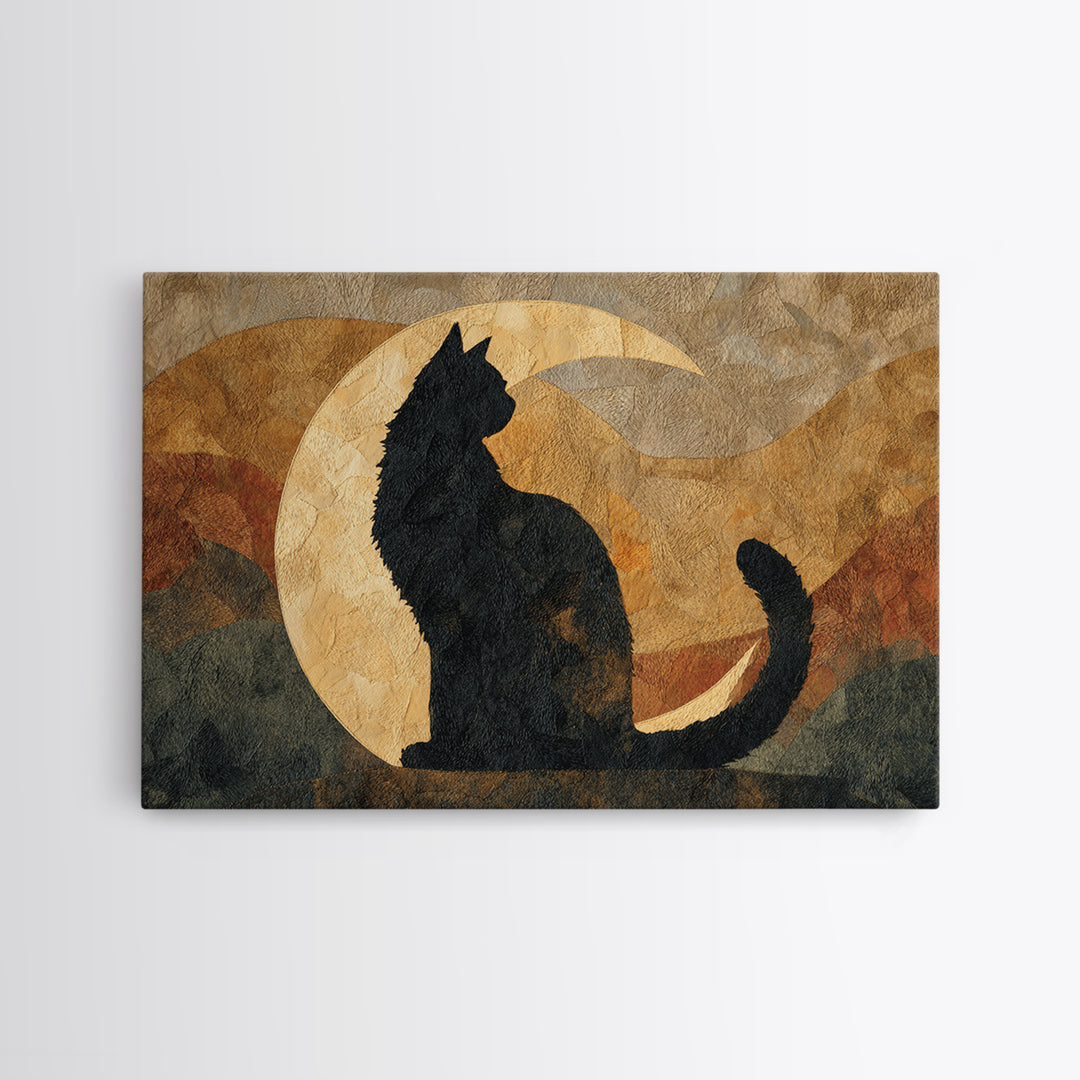 Black Cat Silhouette Framed Canvas Print, Black and White Art, Retro Wall Art, Living Room Decor, Fine Art, Monochrome, BAW-3x2-20