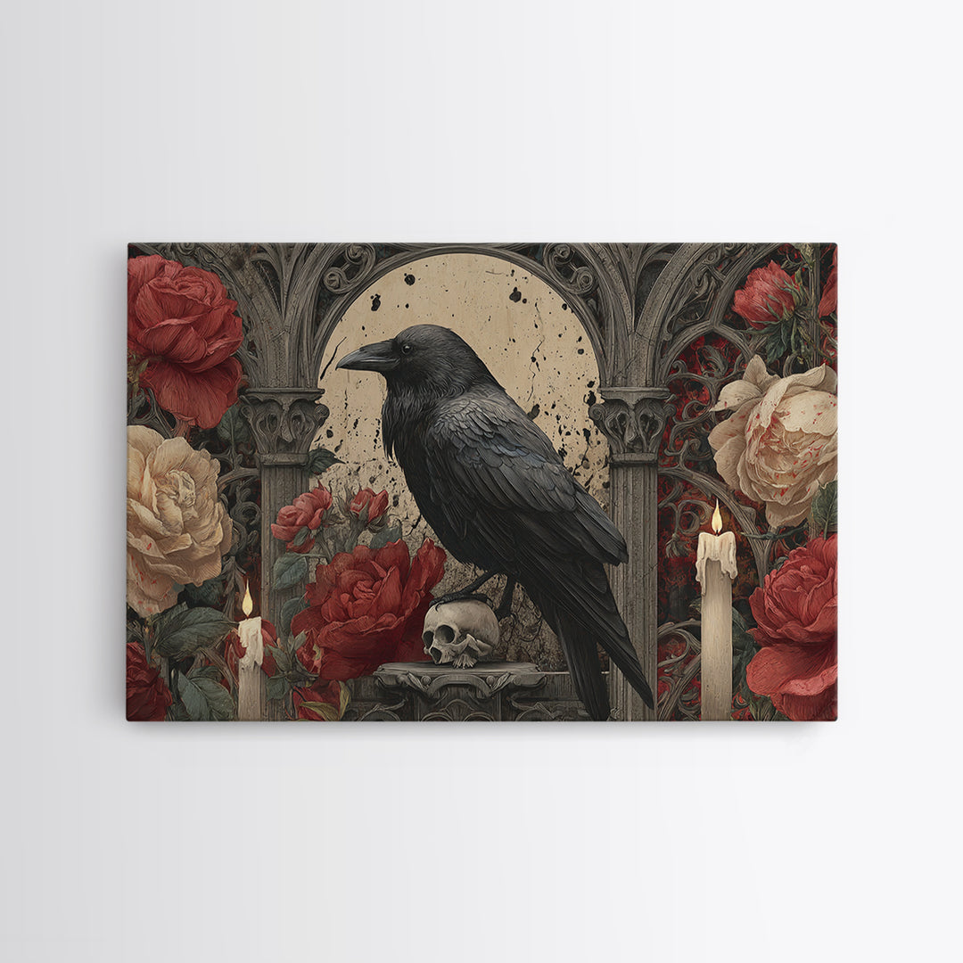 Ink Splatter Raven Composition Framed Canvas Print, Black and White Art, Photography Prints, Living Room Decor, Monochrome, BAW-3x2-24