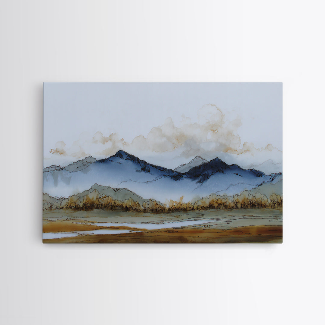 Black Ink Mountain Range Canvas Print, Black and White Art, Canvas Print, Living Room Decor, Oil Painting, Monochrome, BAW-3x2-30