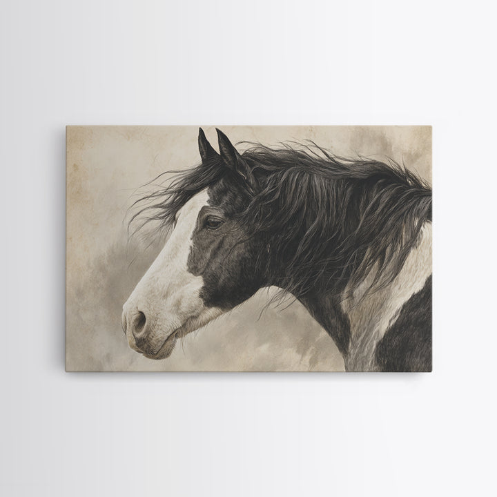 Black and White Wild Horse Portrait Canvas Print, Black and White Art, Cabin Decor, Living Room Decor, Fine Art, Monochrome, BAW-3x2-33