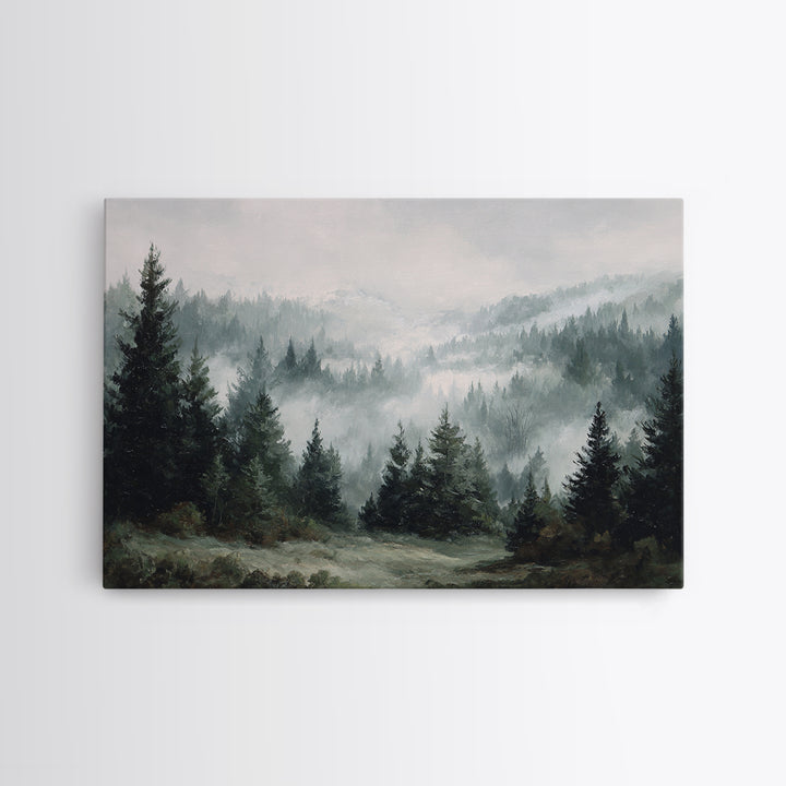 Moody Foggy Forest Framed Canvas Print, Black and White Art, Room Decor, Living Room Decor, Fine Art, Monochrome, Art Print, BAW-3x2-35