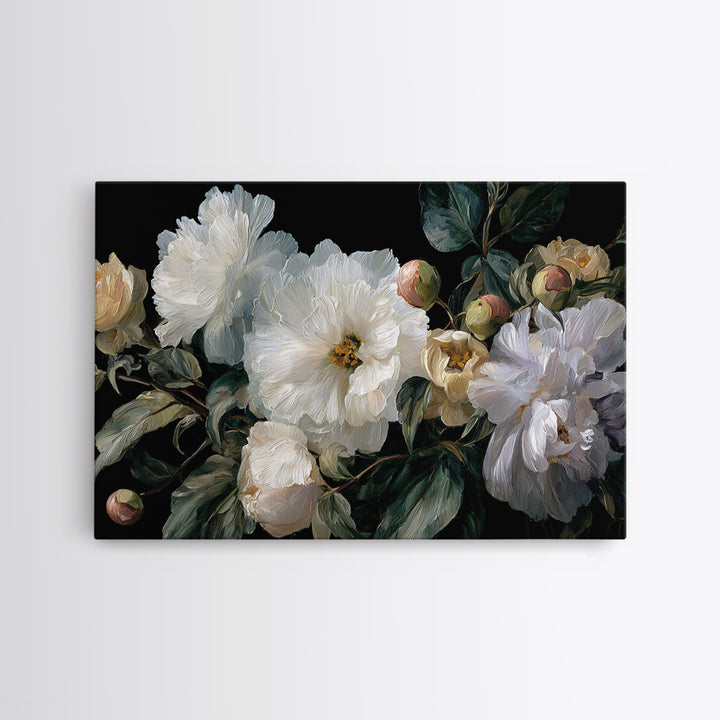 White Flower on Deep Black Background Canvas Print, Black and White Art, Modern Art, Living Room Decor, Monochrome, Art Prints, BAW-3x2-40