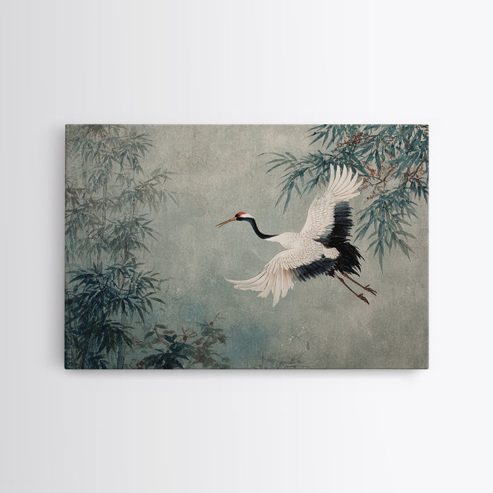 Black Ink Crane Flying Across Empty Sky Canvas Print, Black and White Art, Photo Prints, Living Room Decor, Monochrome, BAW-3x2-41